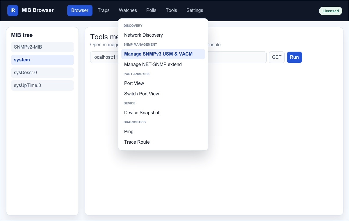 Screenshot of the Browser workspace with the Tools menu open